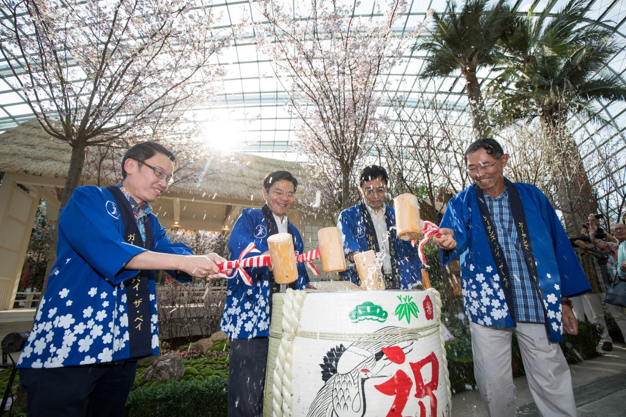  (From left) Gardens by the Bay CEO Felix Loh, Minister for National Development and Second Minister for Finance Lawrence Wong, Ambassador of Japan to Singapore His Excellency Jun Yamazaki, and Gardens by the Bay Chairman Niam Chiang Meng break a sake barrel to launch Sakura Matsuri.