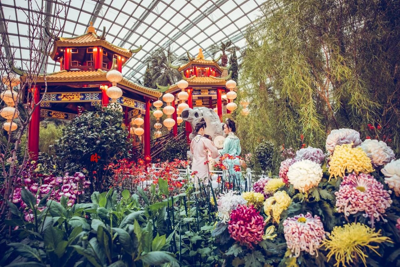   Chinese culture enthusiast Hanfugirl and her friend take in the scenic beauty of Gardens by the Bay's first floral display to usher in the Chinese New Year.