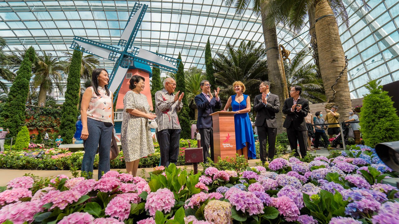 Minister of State, Ministry of Home Affairs & Ministry of National Development, Assoc Prof Dr Muhammad Faishal Ibrahim (fourth from left) launches Hydrangea Holidays by activating the sails of a 7m-tall windmill. Joining him were Gardens by the Bay Board Members Jeannie Lim, Susan Chong, and John Tan; as well as Ambassador of the Kingdom of the Netherlands to Singapore and Brunei Her Excellency Margriet Vonno, TOUCH Community Services CEO James Tan, and Gardens by the Bay CEO Felix Loh.