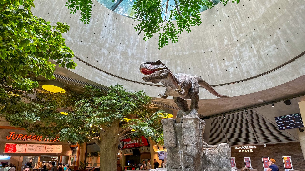 The highlight of Jurassic Nest Food Hall is an animatronic T.rex which roars to life during hourly dinosaur shows.