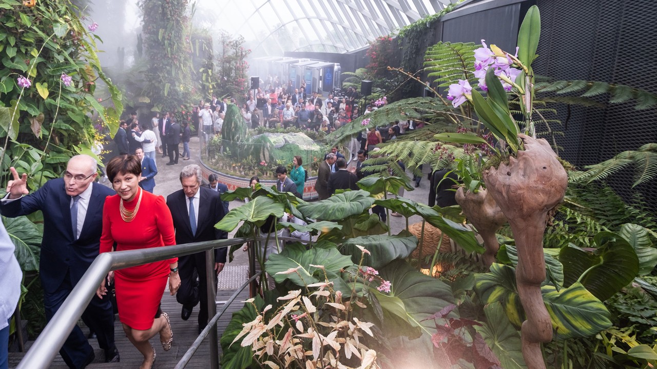 Ambassador of Peru to Singapore His Excellency Carlos Raul Vasquez Corrales and Minister in the Prime Minister’s Office and Second Minister for Finance and National Development Indranee Rajah at the launch of Orchids of Machu Picchu in Gardens by the Bay’s Cloud Forest.