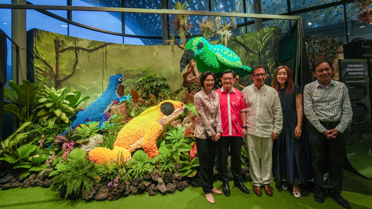 The floral sculptures of the blue anole lizard, golden poison dart frog and Chiribiquete emerald hummingbird in Gardens by the Bay’s Floral Fantasy were officially unveiled by Deputy Prime Minister and Coordinating Minister for Economic Policies Heng Swee Keat (in red). With him are (from left) his wife Chang Hwee Nee; Ambassador of Colombia to Singapore H.E. Manuel Hernando Solano Sossa and his wife Seo Yong Sil; and Gardens by the Bay CEO Felix Loh.