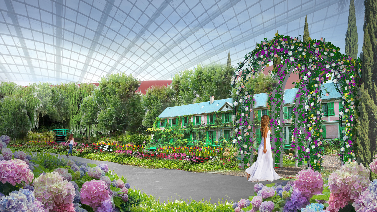 An artist’s impression of a scene from Impressions of Monet: The Garden, where Monet’s iconic pink house and scenes from its garden will be recreated by horticulturists.