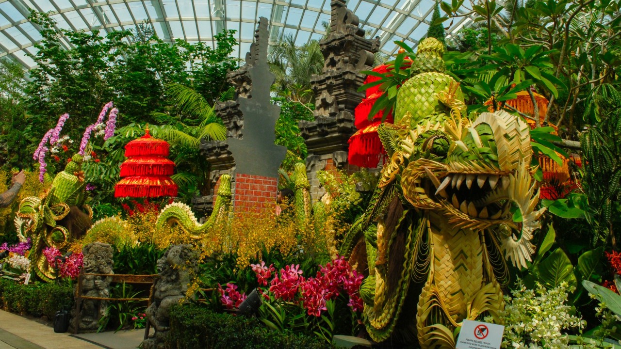 Highlights include sculptures handwoven using the centuries-old Indonesian technique of anyaman, like the pair of nagas flanking a recreation of the candi bentar, or split gate, of Bali.